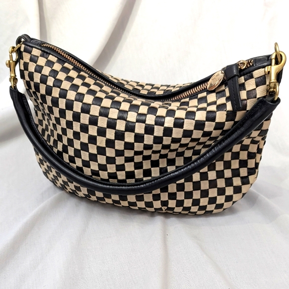 Clare V. Petit Moyen Messenger Black/Cream Woven Checker HB-SH-MB-100020